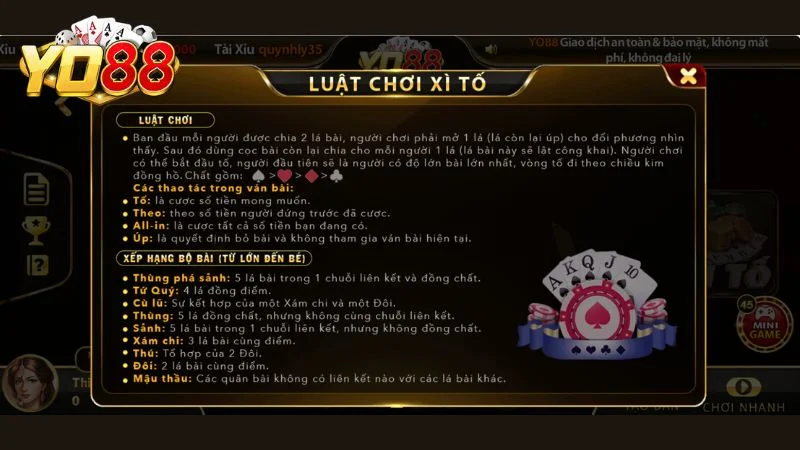Luật chơi bài xì tố tại cổng game Yo88