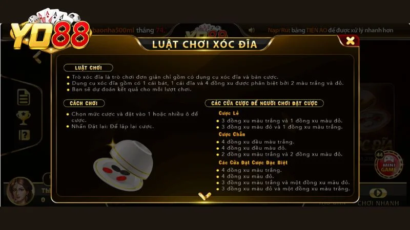 Luật chơi xóc đĩa online tại Yo88